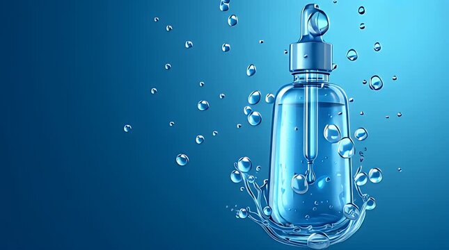 Blue Glass Serum Bottle With Dropper In Water Splash