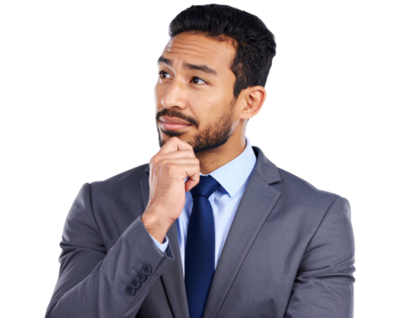 Business, man and thinking of ideas for choice, problem solving and brainstorming iso