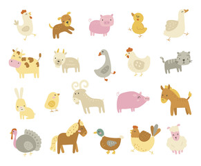 Farm animal cartoon character set in scandinavian style featuring domestic mammals and birds with funny poses for your illustration children and educational creative design projects