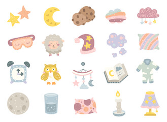 Peaceful night sleep set in scandinavian style featuring stars, moon, animals, clouds, books, pillows, toys, and bedtime decor elements for dreamy nursery scenes