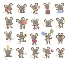 Mouse character set in charming scandinavian style, adorable cartoon rodents holding gift, flower, letter, book, balloon, and wearing party hat for creative designs projects