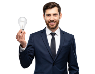 Businessman with light bulb isolated on transparent png background.