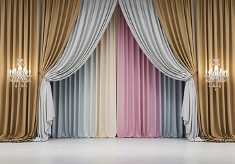 Elegant Stage Curtains with Soft Colors and Crystal Chandeliers creating a luxurious ambiance