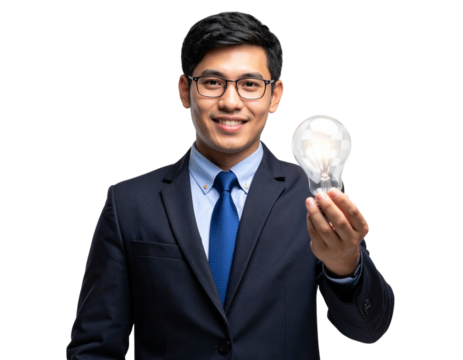 usinessman with light bulb isolated on transparent png background.  