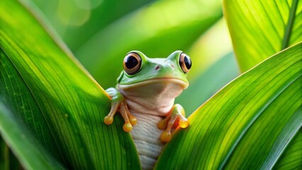 A Vibrant Green Tree Frog Perched Amidst Lush Tropical Foliage, Its Large Eyes Gazing Directly at the Camera