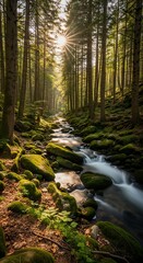 Obraz premium Enchanting Forest Stream: A Serene Journey Through Nature's Woodland Embrace