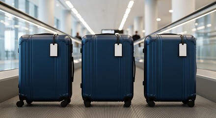 Three blue suitcases on moving walkway luggage travel