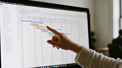 Close-Up Of A Woman's Hand Pointing At Project Management Chart On A Computer Screen In A Modern Office Setting