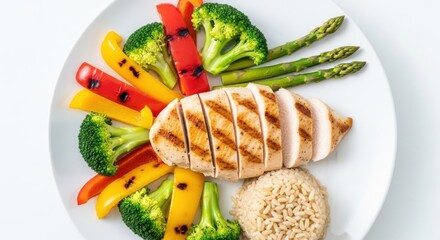 Grilled Chicken Breast with Colorful Vegetables and Rice on White Plate
