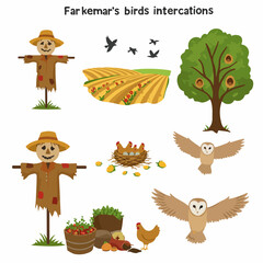 Farm and Countryside Life Illustration Set with Scarecrows, Birds, Field, Tree, and Harvest Elements on White Background