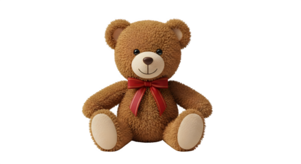A seated brown teddy bear with a red ribbon bow tie on a black background image   ai generative, transparent background, white background.