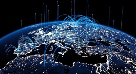 Global digital network connectivity illuminating earth s surface with futuristic blue light streams
