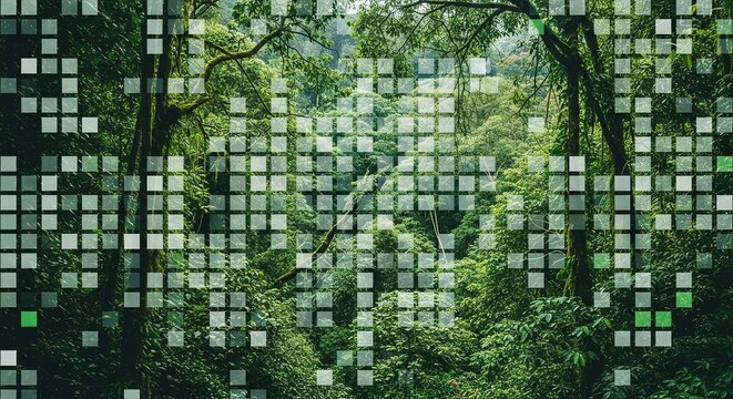 Digital glitch effect overlaying a lush green forest scene creating a futuristic natural landscape