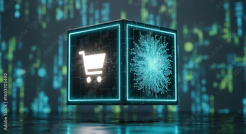 Poster futuristic glowing cube with shopping cart and circuit board symbolizes digital commerce and technol