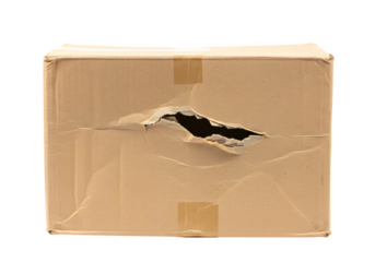 Damaged cardboard box isolated on white or transparent background. PNG, representing shipping problems