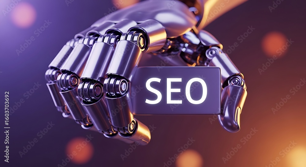 Poster robotic hand holding s e o button technology search engine optimization