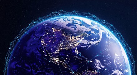 Illuminated earth at night with digital network overlay representing global connectivity and technology