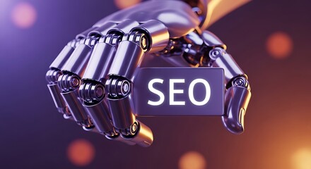 Robotic hand holding S E O button technology search engine optimization
