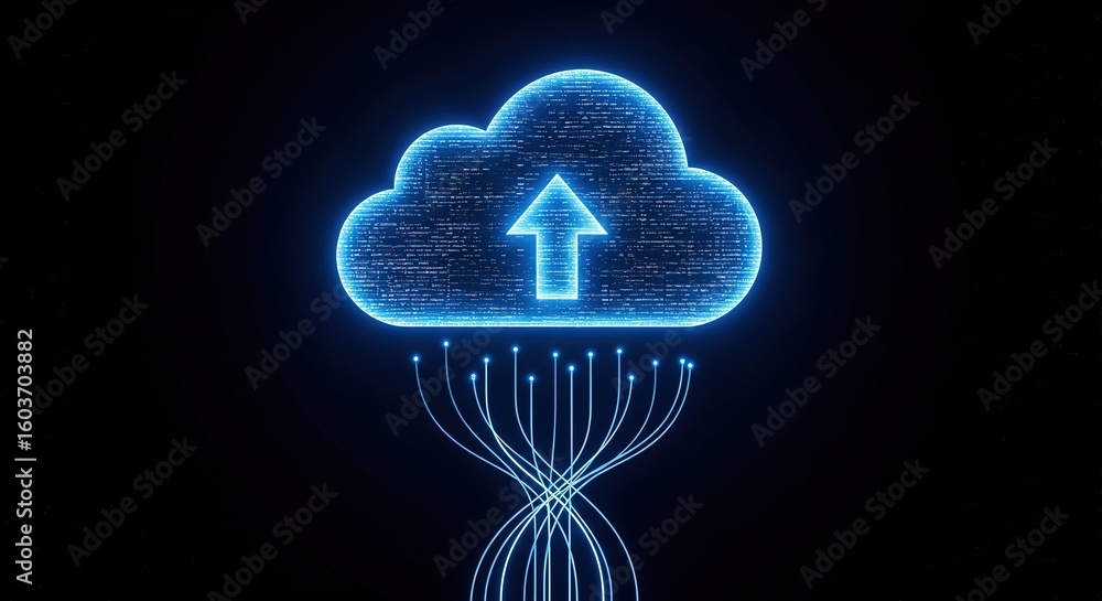 Poster digital cloud upload with glowing blue lines and upward arrow on a dark background