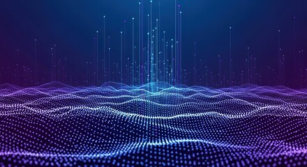 Abstract digital landscape of glowing blue and purple particles forming a dynamic futuristic wave pattern with light beams