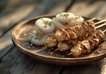Grilled chicken skewers served with rice cakes on a rustic wooden plate