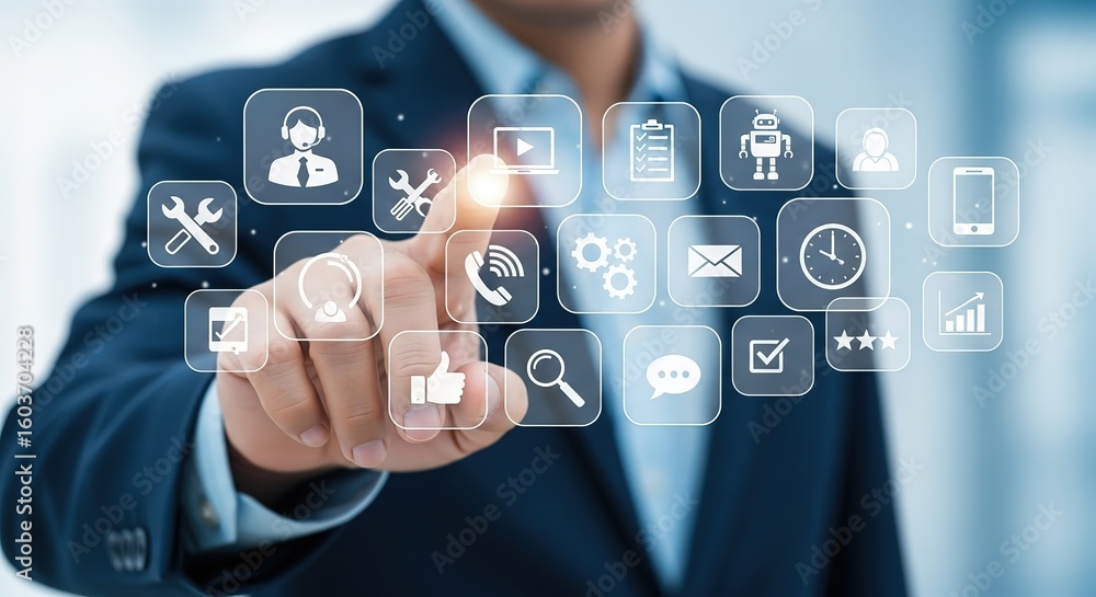 Poster businessman interacts with a futuristic digital interface displaying various service and technology 