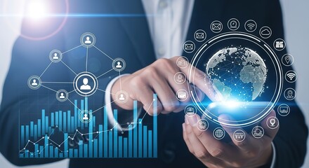 Businessman interacting with a futuristic digital interface displaying global data and network connections