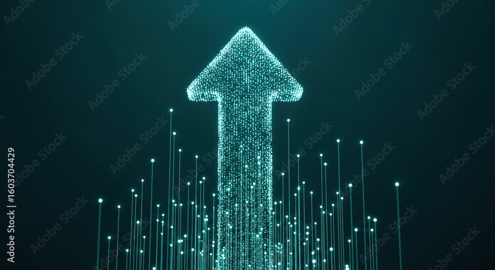 Poster digital arrow ascending through data streams symbolizing growth and technological advancement