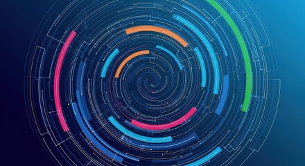 Abstract digital fingerprint with vibrant neon arcs on a dark blue gradient background