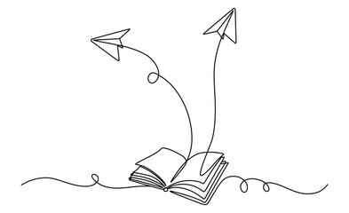 continuous line art of an open book and a flying paper airplane. learning and education concept