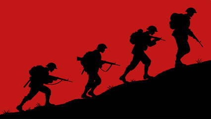 Silhouetted Soldiers Ascending Hill in Dramatic Red Battlefield