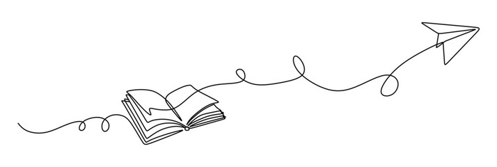 continuous line art of an open book and a flying paper airplane. learning and education concept