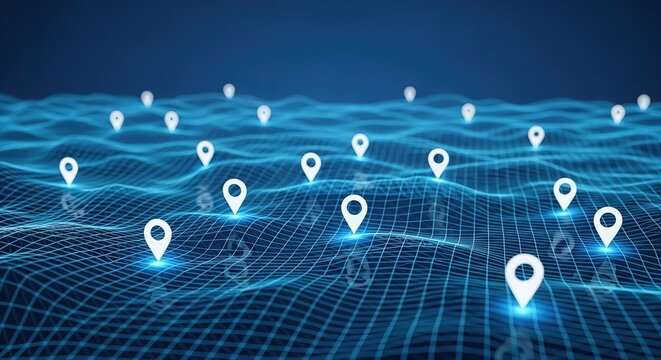 Digital network of glowing location pins on a futuristic blue grid landscape