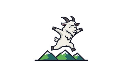 Fototapeta premium Joyful cartoon mountain goat leaping over stylized green peaks with snow caps.