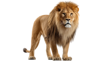 Majestic Lion Portrait: A regal lion stands confidently, showcasing its impressive mane and powerful physique in a striking studio portrait. 