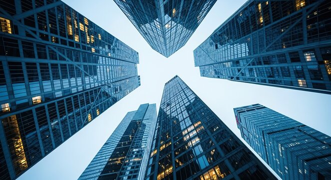 Looking up through a cluster of modern glass skyscrapers towards the bright sky