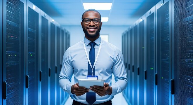 Smiling it professional with tablet stands confidently in a brightly lit modern server room aisle