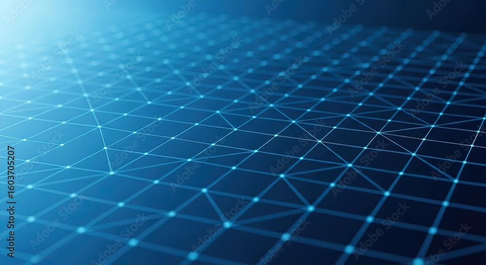 Poster abstract blue digital network grid with glowing nodes and connecting lines