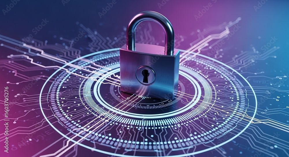 Poster digital security concept a padlock secured on a glowing circuit board with futuristic data flow