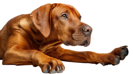 Obraz premium Loyal Companion: A majestic, muscular dog with a rich, reddish-brown coat, exuding loyalty and calmness, rests serenely, showcasing the essence of companionship.