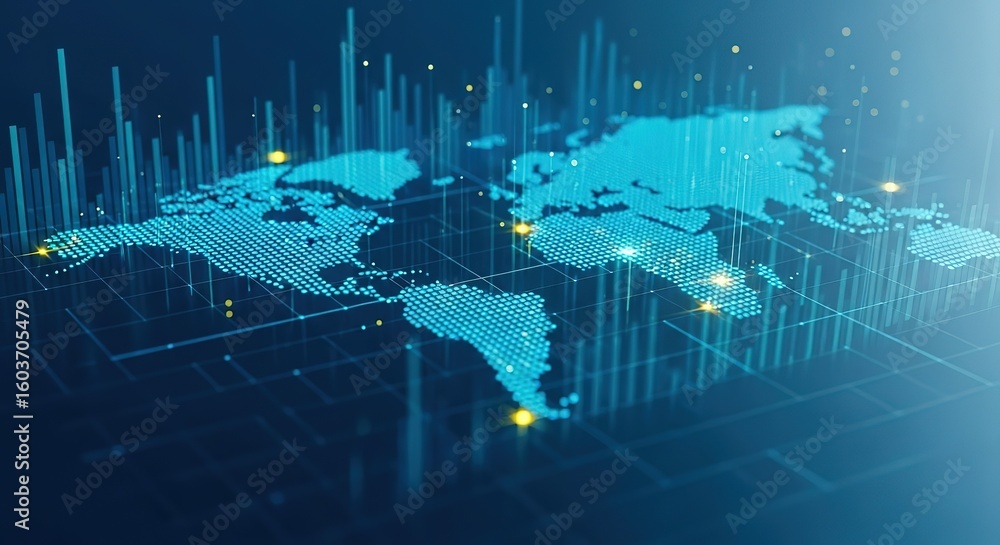 Poster global digital network connectivity and data flow visualized across a glowing blue world map