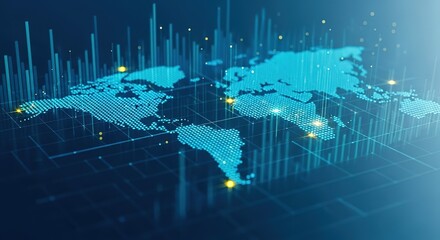 Global digital network connectivity and data flow visualized across a glowing blue world map