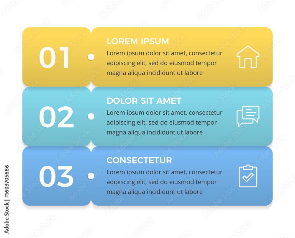 Poster modern vertical infographic template with three numbered colorful steps and icons
