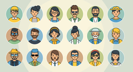 Obraz premium Diverse group of cartoon avatar portraits with various hairstyles and accessories