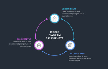 Modern circular infographic with three connected elements, dark background, vector eps10 illustration