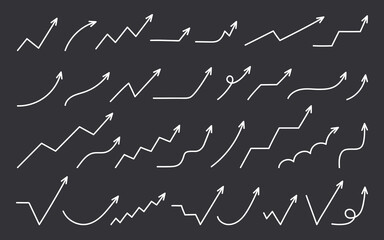Set of hand drawn upward pointing arrows showing growth, progress and positive trends, dark background, vector eps10 illustration