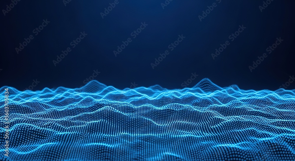 Poster abstract glowing blue digital landscape with intricate wave patterns and a dark background