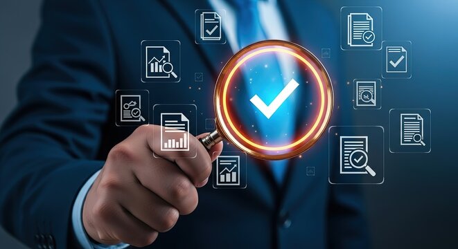Business professional examines digital documents and data with a magnifying glass highlighting a verified checkmark