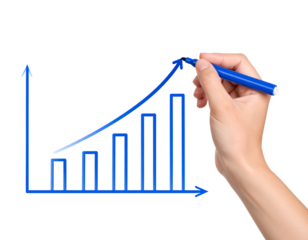 Hand drawing a graph using a blue marker, cut out