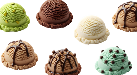 A delectable assortment of ice cream scoops in various flavors on a black background   ai generative, transparent background, white background.
